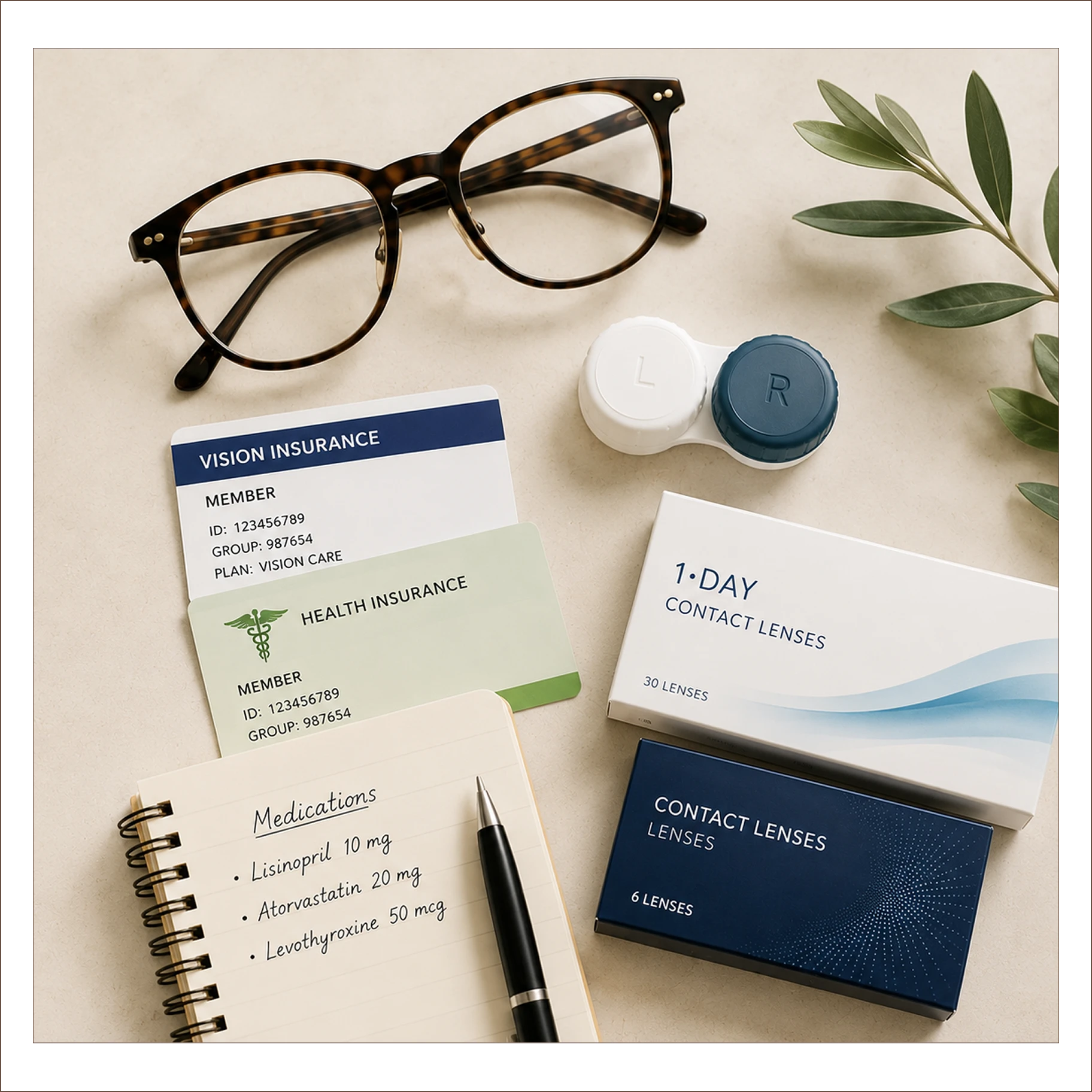 Glasses and contact lenses on table