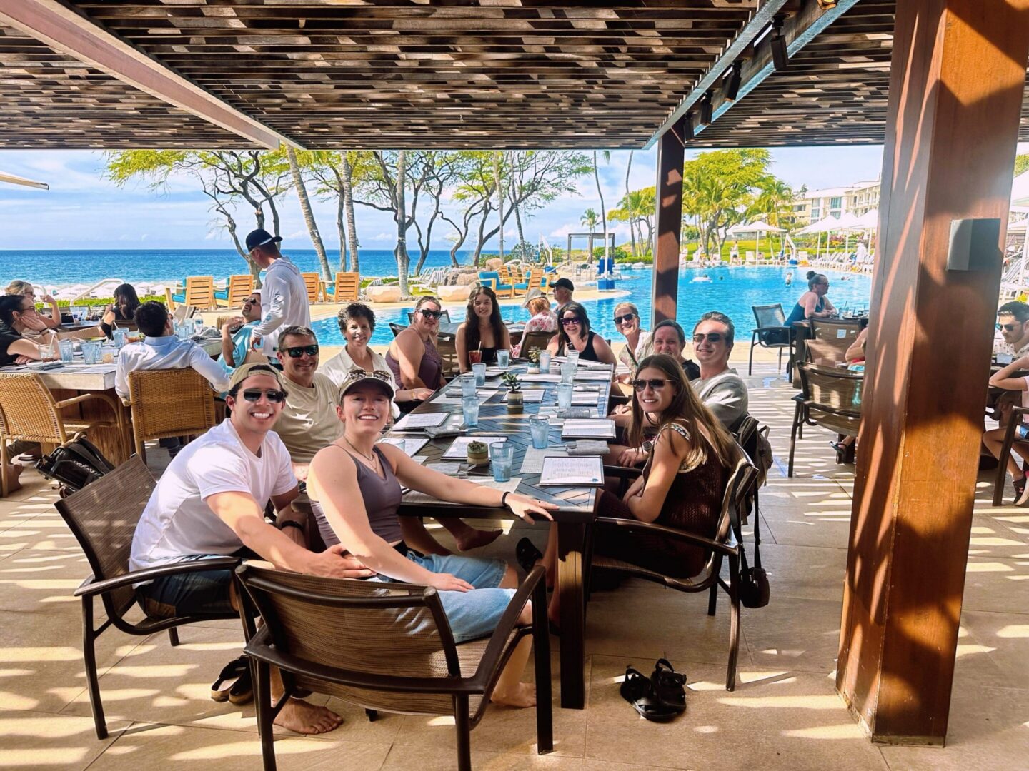 Group dining by the ocean
