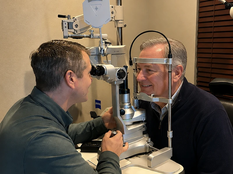 Doctor performing eye check on senior man