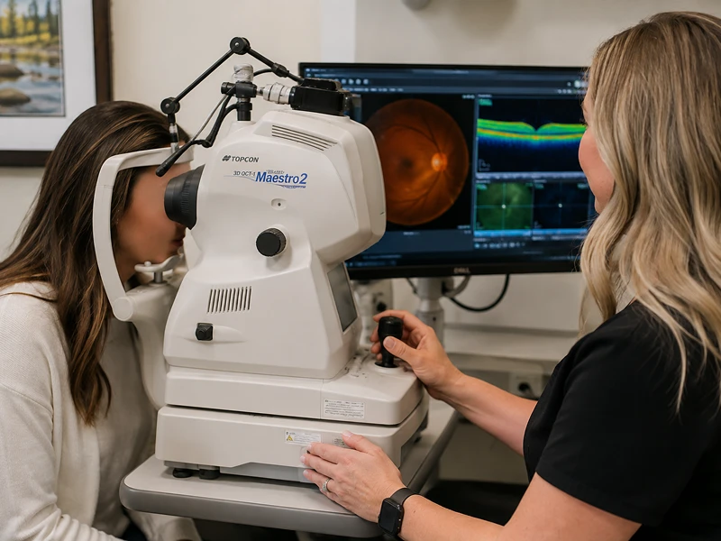 Optometrist conducting eye scan procedure
