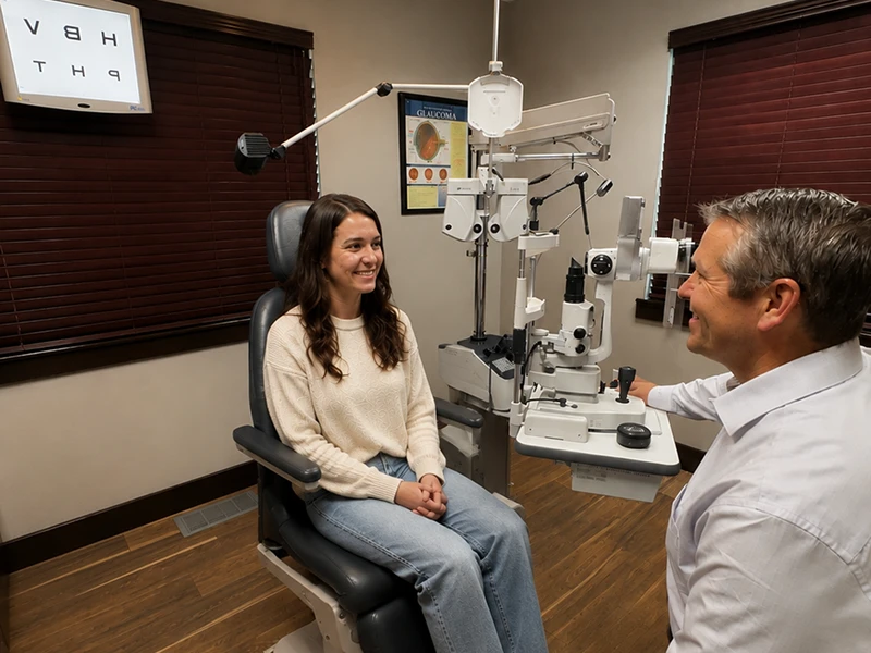 Woman at eye exam with optometrist