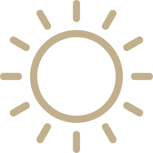 Beige sun icon on a white background, with a circle in the center and several rays radiating outwards