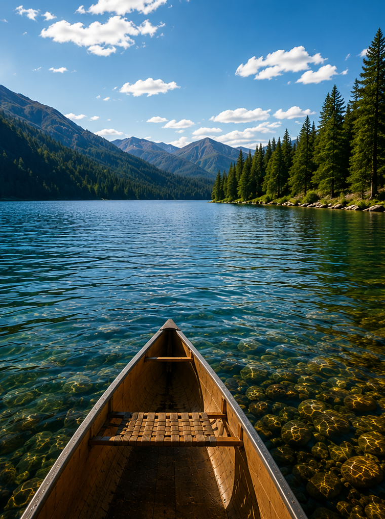 Before and after: Canoe on a lake surrounded by trees and mountains, with a clear blue sky in the background