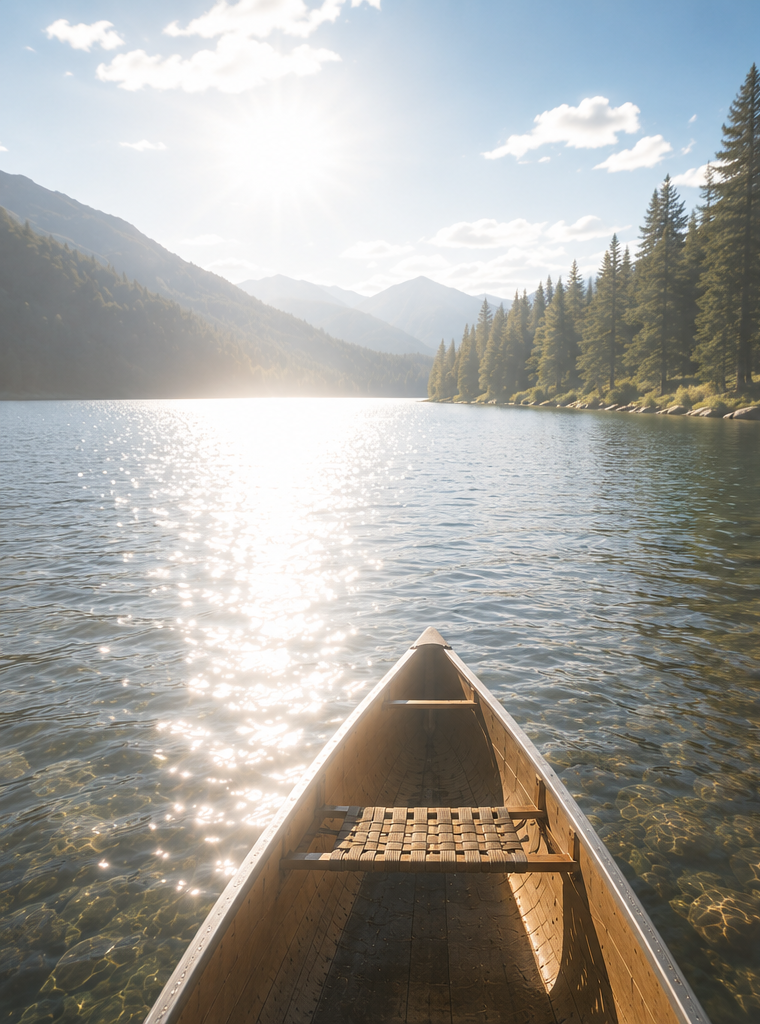 Before and after: Canoe on a lake surrounded by trees and mountains, with a bright blue sky