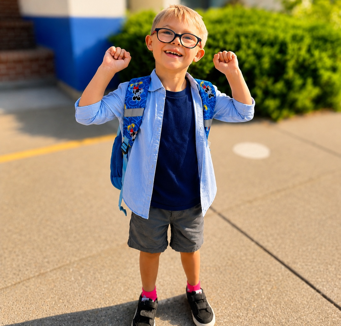 Happy boy with glasses and backpack