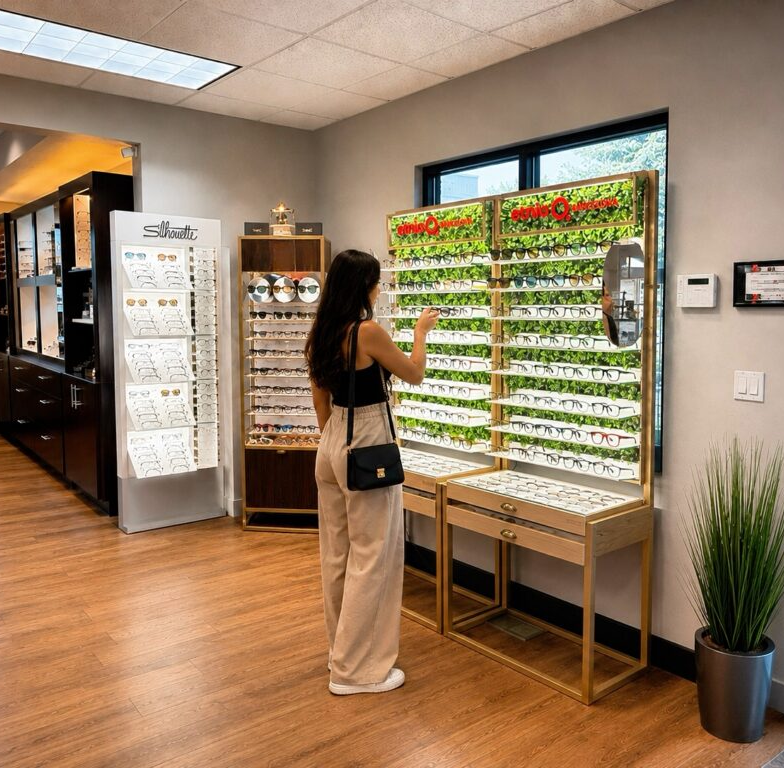 Customer browsing eyeglasses at an optometry shop.