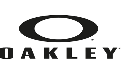 Logo, which is a black and white circle with the words "Oakley" written in the center