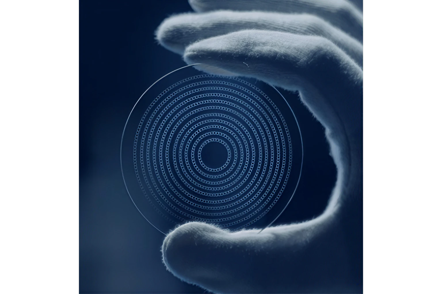 Gloved hand holding a circular, patterned object.