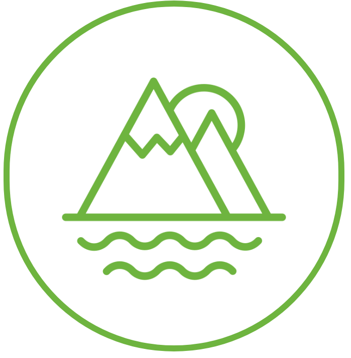 Mountain and sun icon in green circle.