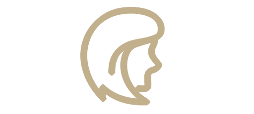 Woman's face in a beige outline on a white background, with a logo of a person's head in the center